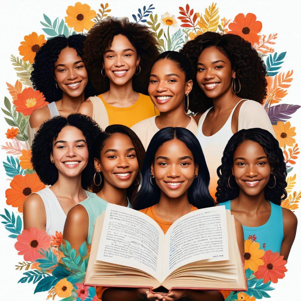 A vibrant collage showcasing diverse individuals sharing personal stories, depicted through open books and visual symbols of love, growth, and self-discovery. The background should radiate warmth and positivity with soft glowing lights and nature elements like blooming flowers. Each person’s expression reflects joy and empowerment, inviting viewers to connect with their narratives. Brighter hues interspersed with calming tones to evoke inspiration. super-realistic. vibrant colors. white background.