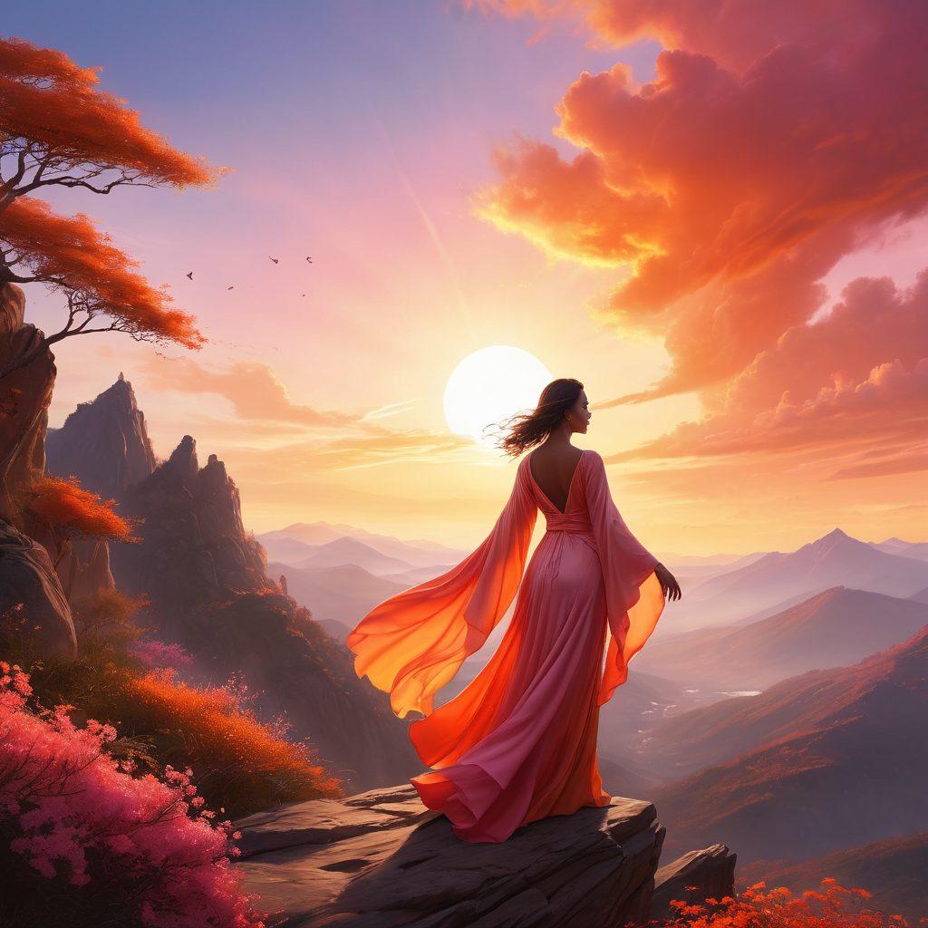 A confident woman standing tall atop a mountain, with a radiant sunrise illuminating the sky behind her. She embodies modern femininity with vibrant attire, showcasing strength and empowerment. Surround her with ethereal symbols of strength like phoenixes and flowers blooming in the wind. Warm hues of orange and pink fill the scene, creating an uplifting atmosphere. super-realistic. vibrant colors.